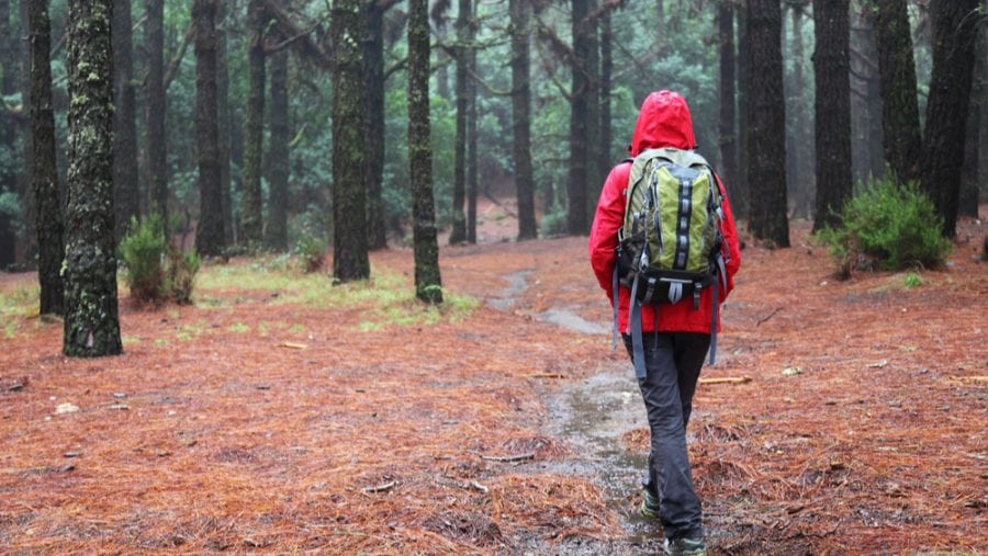 hiker with hiking rain jacket in the rain