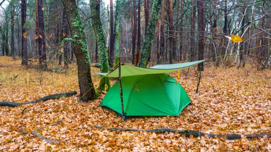 tent covered with green tarp in scenic forest