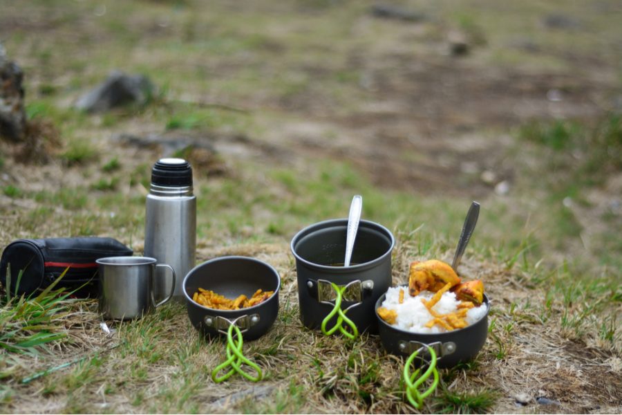 healthy food on a camping cooking gear